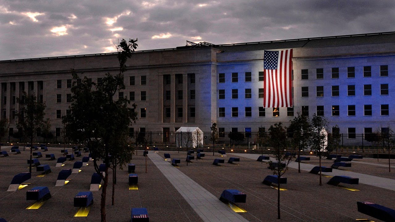us flag draped from pentagon